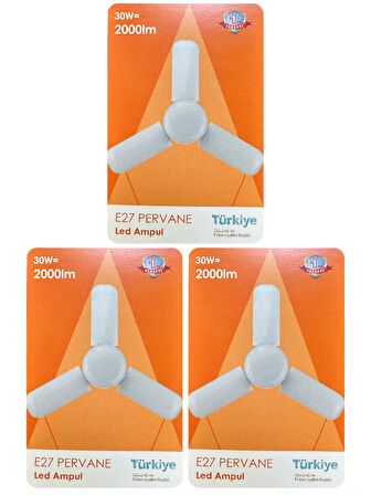 (3 Adet) Osaka 30W (200W) Beyaz Işık (6500K) E27 Duylu (Kalın Duy) Pervane Ampul