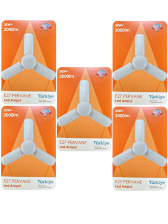 (5 Adet) Osaka 30W (200W) Beyaz Işık (6500K) E27 Duylu (Kalın Duy) Pervane Ampul