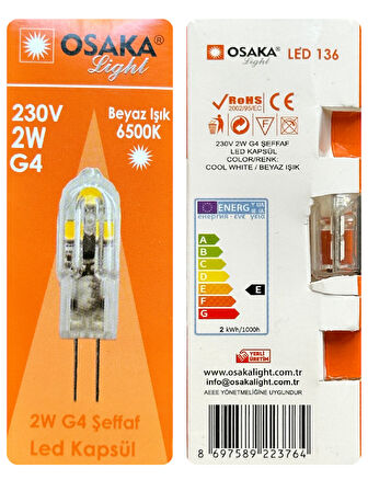 (1 Adet) Osaka 2W Beyaz Işık (6500K) G4 Duylu (İğne Bacak) Led Kapsül Ampul