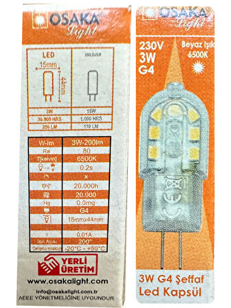 (8 Adet) Osaka 3W Beyaz Işık (6500K) G4 Duylu (İğne Bacak) Led Kapsül Ampul
