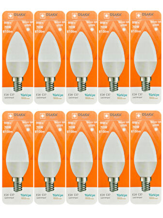 (10 Adet) Osaka 9W (70W) Beyaz Işık (6500K) E14 Duylu (İnce Duy) Led Mum Ampul