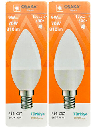 (2 Adet) Osaka 9W (70W) Beyaz Işık (6500K) E14 Duylu (İnce Duy) Led Mum Ampul