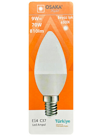 (2 Adet) Osaka 9W (70W) Beyaz Işık (6500K) E14 Duylu (İnce Duy) Led Mum Ampul