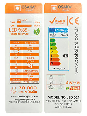 (2 Adet) Osaka 9W (70W) Beyaz Işık (6500K) E14 Duylu (İnce Duy) Led Mum Ampul