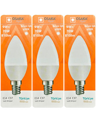 (3 Adet) Osaka 9W (70W) Beyaz Işık (6500K) E14 Duylu (İnce Duy) Led Mum Ampul