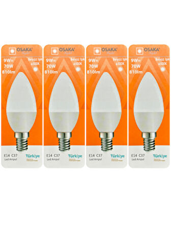(4 Adet) Osaka 9W (70W) Beyaz Işık (6500K) E14 Duylu (İnce Duy) Led Mum Ampul