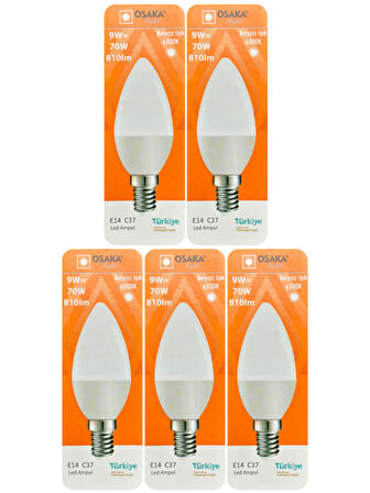 (5 Adet) Osaka 9W (70W) Beyaz Işık (6500K) E14 Duylu (İnce Duy) Led Mum Ampul