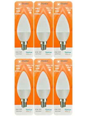 (6 Adet) Osaka 9W (70W) Beyaz Işık (6500K) E14 Duylu (İnce Duy) Led Mum Ampul