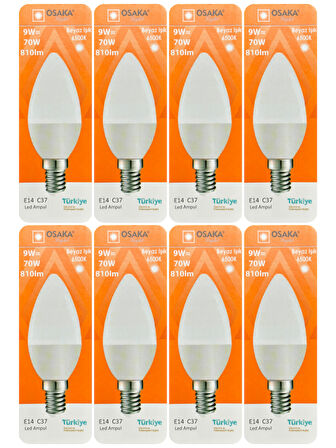 (8 Adet) Osaka 9W (70W) Beyaz Işık (6500K) E14 Duylu (İnce Duy) Led Mum Ampul