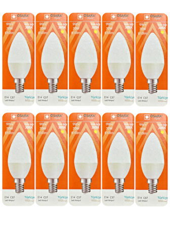 (10 Adet) Osaka 9W (70W) Sarı Işık (3000K) E14 Duylu (İnce Duy) Led Mum Ampul