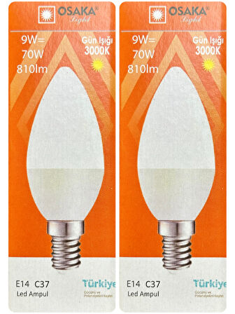 (2 Adet) Osaka 9W (70W) Sarı Işık (3000K) E14 Duylu (İnce Duy) Led Mum Ampul
