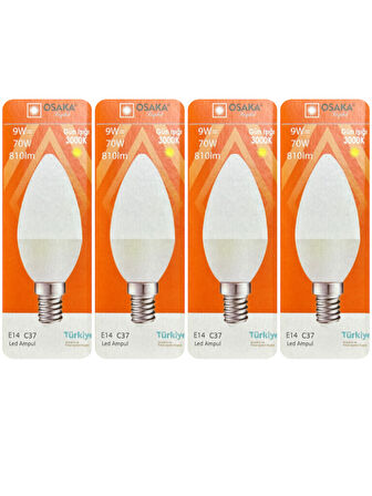 (4 Adet) Osaka 9W (70W) Sarı Işık (3000K) E14 Duylu (İnce Duy) Led Mum Ampul