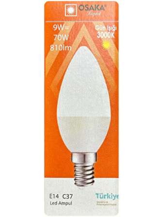 (4 Adet) Osaka 9W (70W) Sarı Işık (3000K) E14 Duylu (İnce Duy) Led Mum Ampul