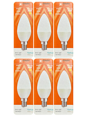 (6 Adet) Osaka 9W (70W) Sarı Işık (3000K) E14 Duylu (İnce Duy) Led Mum Ampul