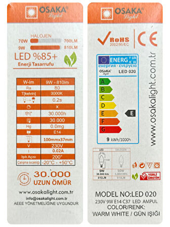 (8 Adet) Osaka 9W (70W) Sarı Işık (3000K) E14 Duylu (İnce Duy) Led Mum Ampul