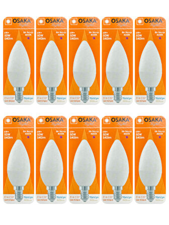(10 Adet) Osaka 6W (50W) Günışığı (4000K) E14 Duylu (İnce Duy) Led Mum Ampul
