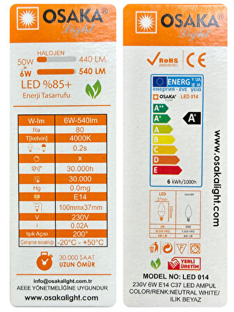 (10 Adet) Osaka 6W (50W) Günışığı (4000K) E14 Duylu (İnce Duy) Led Mum Ampul