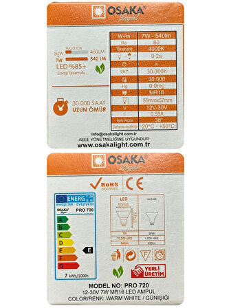(10 Adet) Osaka 12Volt 7W (50W) Sarı (3000K) GU5.3 Duylu (İğne Bacak) Led Spot Ampul
