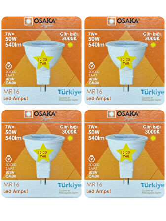 (4 Adet) Osaka 12Volt 7W (50W) Sarı (3000K) GU5.3 Duylu (İğne Bacak) Led Spot Ampul