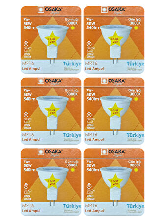 (6 Adet) Osaka 12Volt 7W (50W) Sarı (3000K) GU5.3 Duylu (İğne Bacak) Led Spot Ampul