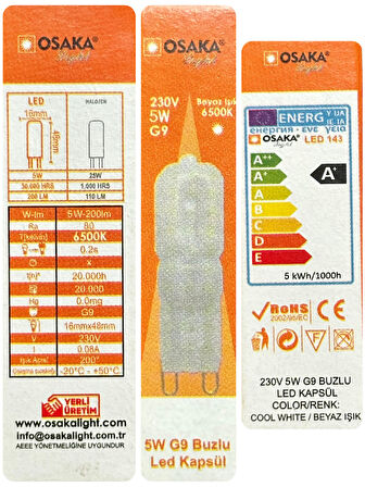 (2 Adet) Osaka Buzlu 5W Beyaz Işık (6500K) G9 Duylu Led Kapsül Ampul