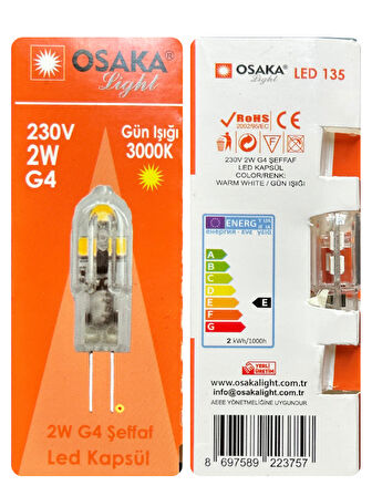 (6 Adet) Osaka 2W Sarı Işık (3000K) G4 Duylu Led Kapsül Ampul