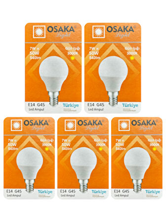 (5 Adet) Osaka 7W (50W) Sarı Işık E14 Duylu (İnce Duy) Led Mini Ampul