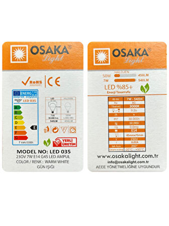 (5 Adet) Osaka 7W (50W) Sarı Işık E14 Duylu (İnce Duy) Led Mini Ampul