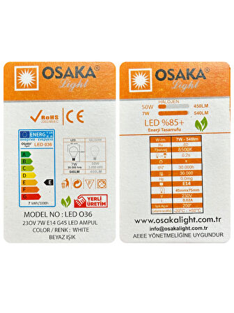 (8 Adet) Osaka 7W (50W) Beyaz Işık E14 Duylu (İnce Duy) Led Mini Ampul