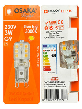 (8 Adet) Osaka 3W Sarı Işık (3000K) Dim Edilebilir G9 Duylu Led Kapsül Ampul