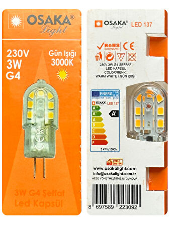 (1 Adet) Osaka 3W Sarı Işık (3000K) G4 Duylu Led Kapsül Ampul