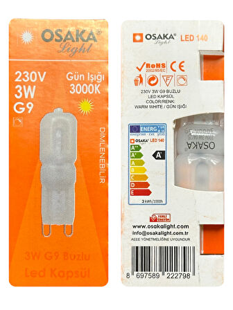(1 Adet) Osaka 3W Sarı Işık (3000K) Buzlu Dim Edilebilir G9 Duylu Led Kapsül Ampul