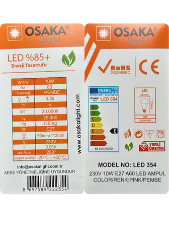 (2 Adet) Osaka 10W Pembe Işık E27 Duylu (Kalın Duy) Led Ampul