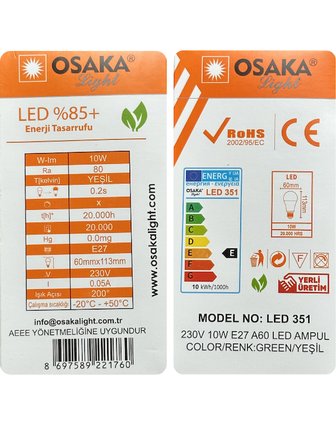 (3 Adet) Osaka 10W Yeşil Işık E27 Duylu (Kalın Duy) Led Ampul