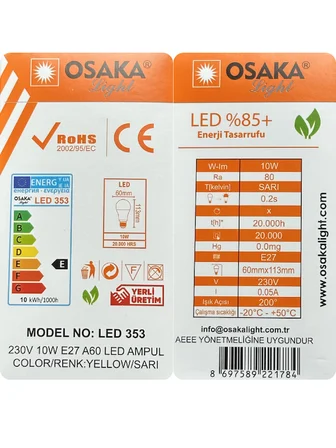 (10 Adet) Osaka 10W Sarı Işık E27 Duylu (Kalın Duy) Led Ampul