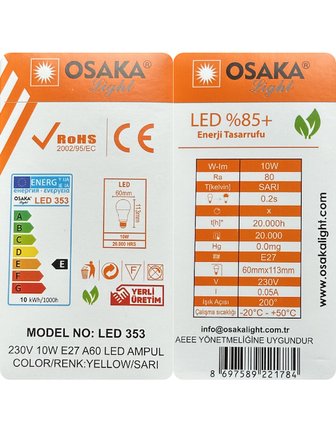 (6 Adet) Osaka 10W Sarı Işık E27 Duylu (Kalın Duy) Led Ampul