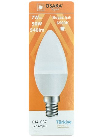 (2 Adet) Osaka 7W (50W) Beyaz Işık (6500K) E14 Duylu (İnce Duy) Led Mum Ampul