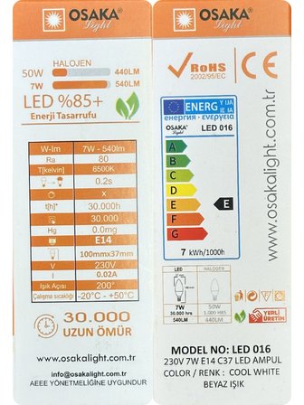 (2 Adet) Osaka 7W (50W) Beyaz Işık (6500K) E14 Duylu (İnce Duy) Led Mum Ampul