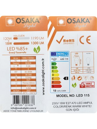 (3 Adet) Osaka 18W (120W) Sarı Işık (3000K) E27 Duylu (Kalın Duy) Led Ampul