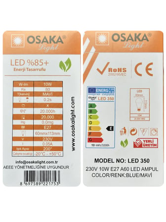 (3 Adet) Osaka 10W Mavi Işık E27 Duylu (Kalın Duy) Led Ampul