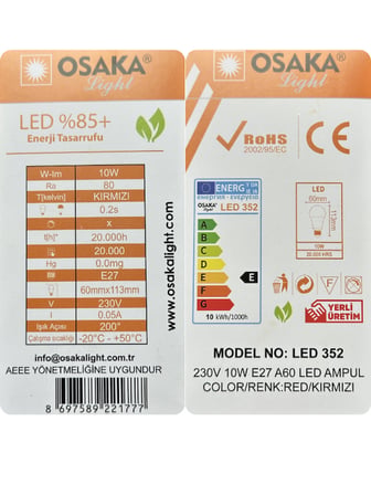 (6 Adet) Osaka 10W Kırmızı Işık E27 Duylu (Kalın Duy) Led Ampul