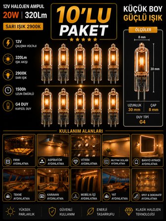 (10 Adet) Osaka 12Volt 20W Sarı Işık G4 Duylu Dim Edilebilir Halojen Kapsül Ampul