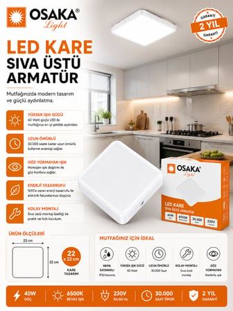 (1 Adet) Osaka 40W Kare Sıva Üstü Armatür Beyaz Işık (6500K)