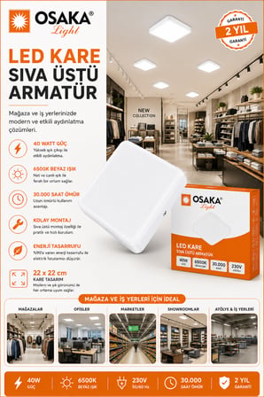 (1 Adet) Osaka 40W Kare Sıva Üstü Armatür Beyaz Işık (6500K)