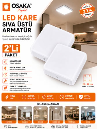 (2 Adet) Osaka 40W Kare Sıva Üstü Armatür Beyaz Işık (6500K)
