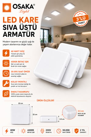 (3 Adet) Osaka 40W Kare Sıva Üstü Armatür Beyaz Işık (6500K)