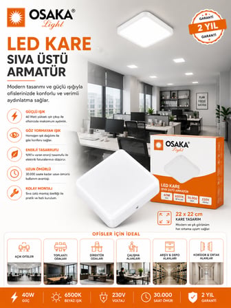 (3 Adet) Osaka 40W Kare Sıva Üstü Armatür Beyaz Işık (6500K)