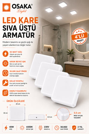 (4 Adet) Osaka 40W Kare Sıva Üstü Armatür Beyaz Işık (6500K)