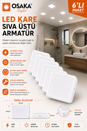 (6 Adet) Osaka 40W Kare Sıva Üstü Armatür Beyaz Işık (6500K)