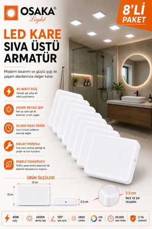 (8 Adet) Osaka 40W Kare Sıva Üstü Armatür Beyaz Işık (6500K)